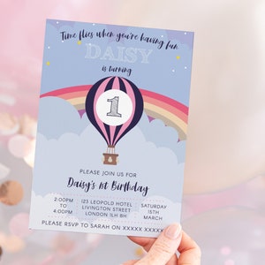 Convite de primeiro aniversário, modelo editável Download instantâneo Balão de ar quente 5 x 7 Convite de festa de primeiro aniversário para meninas