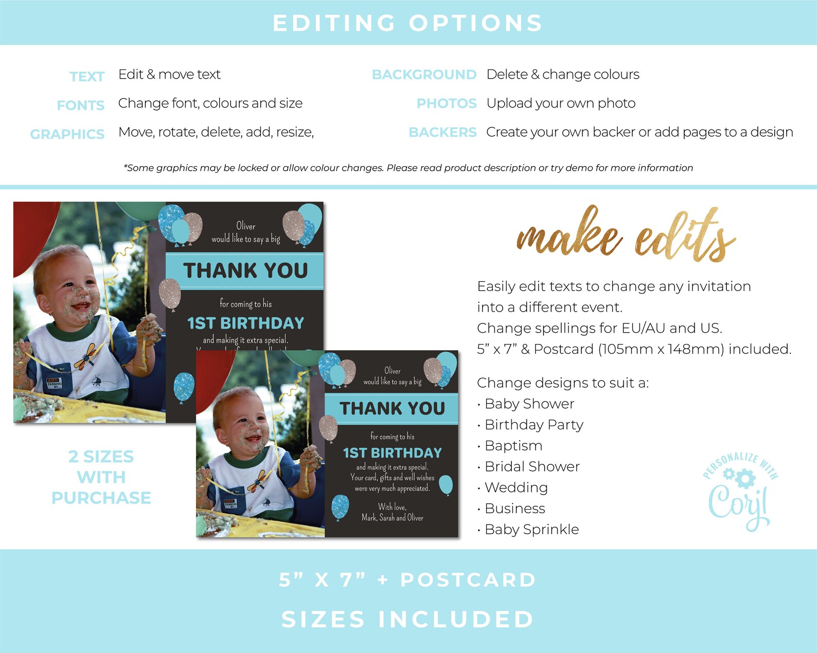 Birthday Thank You Card, Editable Template Instant Download 5 X 7 Kids