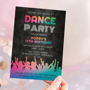 Tanzparty-Geburtstags-Einladung, bearbeitbare Vorlage Sofort-Download 5 x 7 Tanzparty-Mädchen-Geburtstags-Party-Einladung
