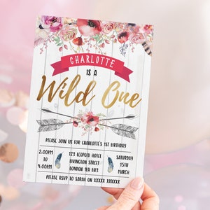 Mädchen 1. Geburtstag Einladung, bearbeitbare Einladung Sofortiger Download 5 x 7 Mädchen Wild One Boho Gold Floral Geburtstag einladen