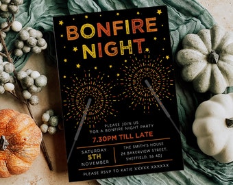 Bonfire Night Party Invitation, Editable Invitation Instant Download 5 x 7 Bonfire Night Firework Party Invitation
