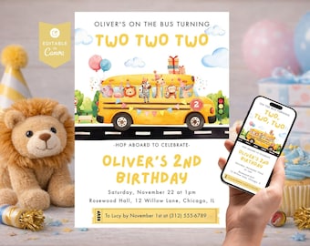 TWO TWO TWO Party Bus Animal Birthday Invitation | Editable Canva Template