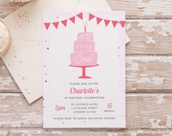 1st Birthday Invitation, Editable Invitation Instant Download 5 x 7 Girls Birthday Party Invitation, Birthday Cake Design Invite