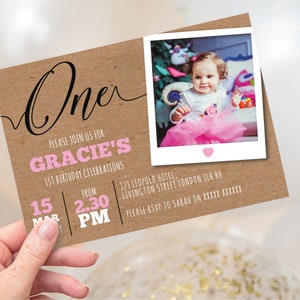 Invitation du 1er anniversaire, Invitation modifiable Téléchargement instantané 5 x 7 Filles 1er anniversaire Kraft Photo Invitation à une fête d’anniversaire