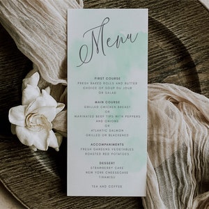 Menu Editable Template Instant Download Mint Watercolor Lunch Menu, Green Watercolour Wedding Menu