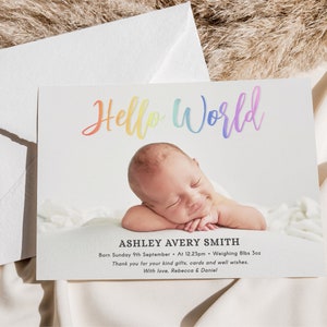 Tarjeta de anuncio de nacimiento de bebé arco iris, plantilla editable Descarga instantánea 5 x 7 Nuevo anuncio de nacimiento de bebé Gracias, niño, niña