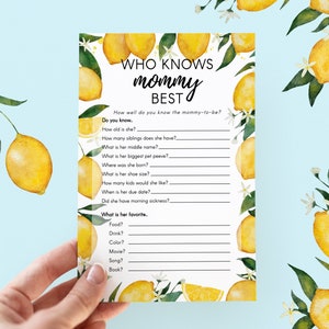 Wie kent mama beste baby shower spel citroen thema, baby shower party games, citrus baby shower, 5 x 7 raadspelkaart BS2901