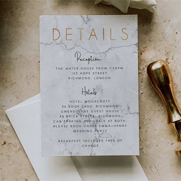 Gold and Marble Wedding Detail Card, Editable Template Instant Download A7, A6, 3.5 inches Marble Wedding Detail Editable Template