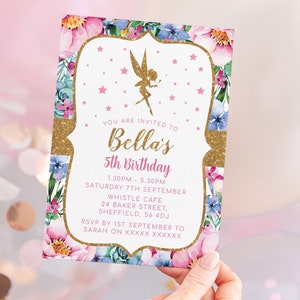 Fairy Birthday Invitation, Editable Template Instant Download 5 x 7 Fairies Birthday Party Invite, Girls Fairy Birthday Party Invite
