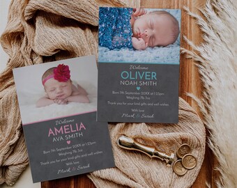 Birth Announcement Card, Digital File, Editable Template Instant Download 5 x 7 New Baby Birth Announcement Thank You Card