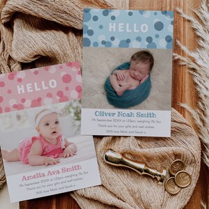 Nouvelle carte d'annonce de naissance de bébé, modèle modifiable Téléchargement instantané 5 x 7 Annonce de naissance de nouveau bébé Merci, bébé garçon, bébé fille