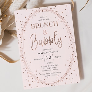 Bridal Brunch Shower Invitation Template, Rose Gold Brunch & Bubbly Instant Download, Editable Template, Corjl
