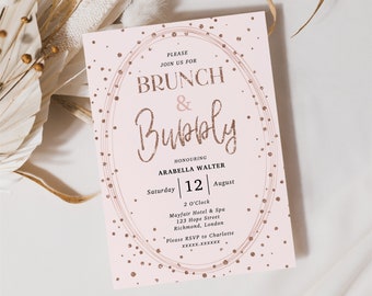 Bridal Brunch Shower Invitation Template, Rose Gold Brunch & Bubbly Instant Download, Editable Template, Corjl