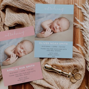 Nouvelle carte d'annonce de naissance de bébé, modèle modifiable Téléchargement instantané 5 x 7 Annonce de naissance de nouveau bébé Merci, bébé garçon, bébé fille