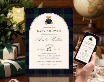 Preppy Polo Luxury Baby Shower Invitation Template, Classic Teddy Bear Invite | Editable Canva Template