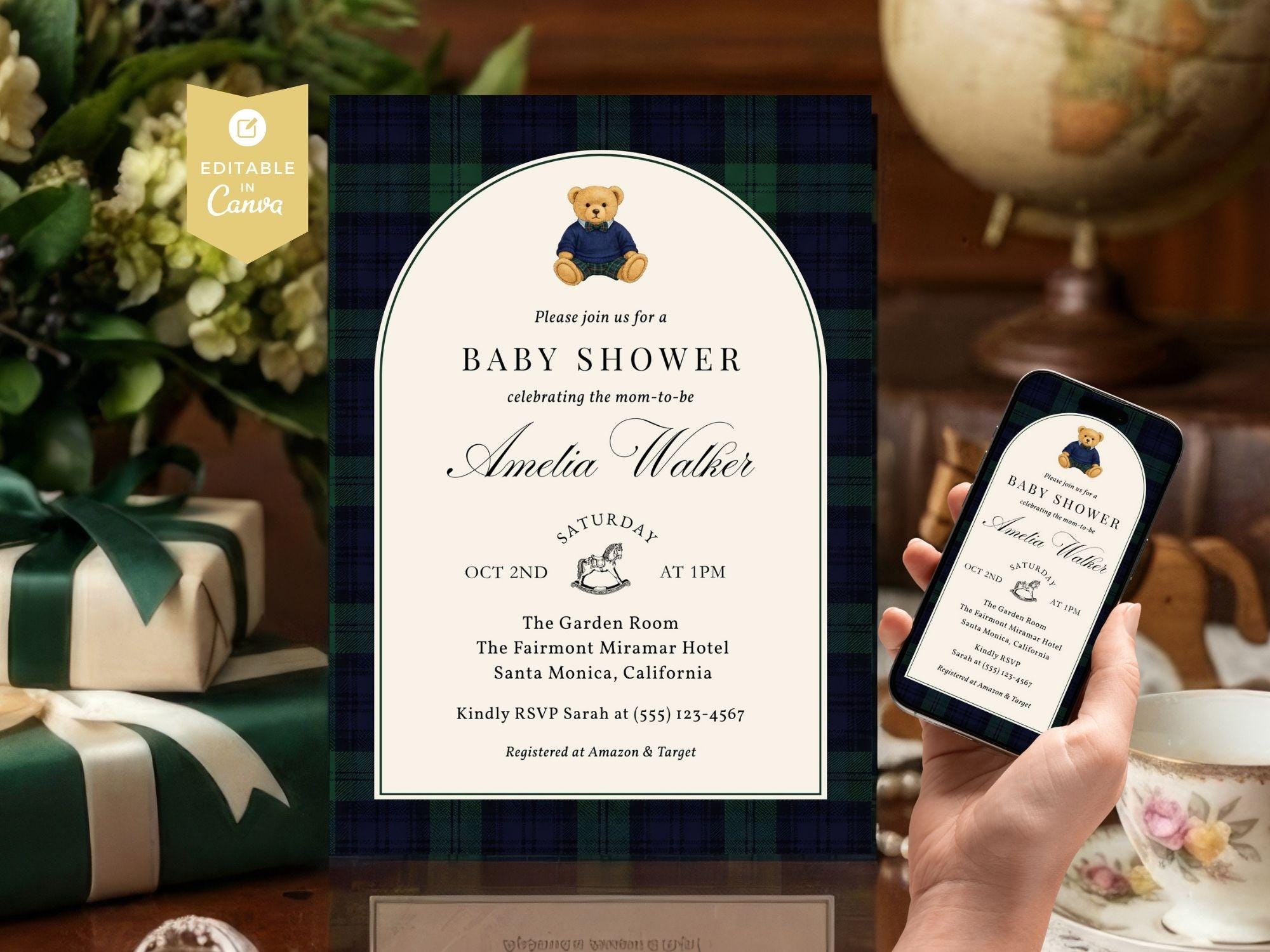 Preppy Polo Luxury Baby Shower Invitation Template, Classic Teddy Bear ...