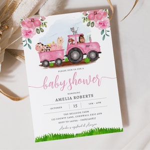 Convite para chá de bebê em aquarela rosa Barnyard, modelo editável Download instantâneo convite para chá de bebê rosa fazenda de 5 x 7&quot;