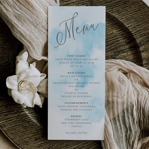 Menu Editable Template Instant Download Blue Watercolor Menu, Blue Watercolour Dinner Wedding Menu