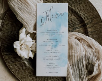 Menu Editable Template Instant Download Blue Watercolor Menu, Blue Watercolour Dinner Wedding Menu
