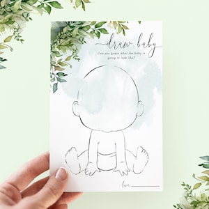 Teken baby, baby shower spel groen thema, baby shower party games, aquarel baby shower, 5 x 7 Draw baby game card