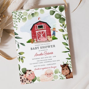 Invitación de ducha de bebé de corral rojo acuarela, plantilla editable Descarga instantánea 5 x 7" Invitación de ducha de bebé de granja roja