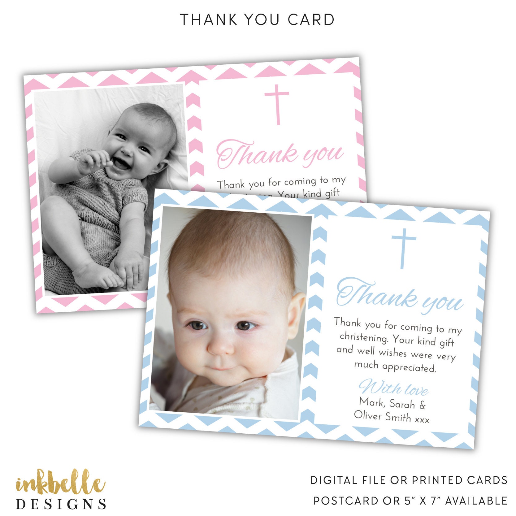 Christening thank you card Baptism thank you card chevron Etsy