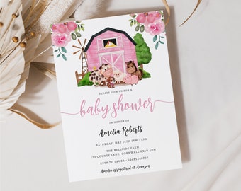 Watercolor Pink Barnyard Baby Shower Invitation (Digital Download)