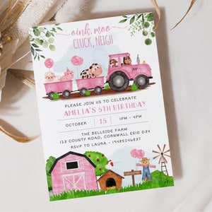 Watercolour Pink Barnyard Birthday Party Invitation, Editable Template Instant Download 5 x 7&quot;  Pink Farm Birthday Invitation