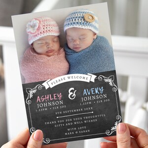 Carte d'annonce de naissance de jumeaux, modèle modifiable Téléchargement instantané Carte de remerciement de nouveau bébé de 5 x 7 jumeaux, annonce de naissance de jumeaux Merci