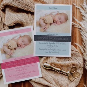 Nouvelle carte d'annonce de naissance de bébé, modèle modifiable Téléchargement instantané 5 x 7 Annonce de naissance de nouveau bébé Merci, bébé garçon, bébé fille