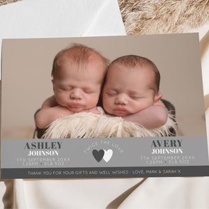 Carte d'annonce de naissance de jumeaux, modèle modifiable Téléchargement instantané Carte de remerciement de nouveau bébé de 5 x 7 jumeaux, annonce de naissance de jumeaux Merci