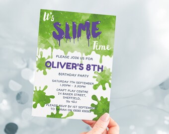 Slime Birthday Invitation: Green & Purple Party (Editable, Instant Download)