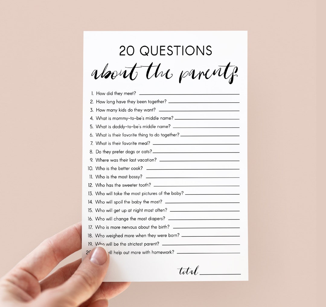 20 Questions Baby Shower Game Minimalist Theme, Baby Shower Party Games