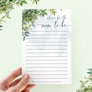 Conseils pour la future maman jeu de douche de bébé thème verdure, jeux de fête de douche de bébé, douche de bébé aquarelle, carte de conseils 5 x 7