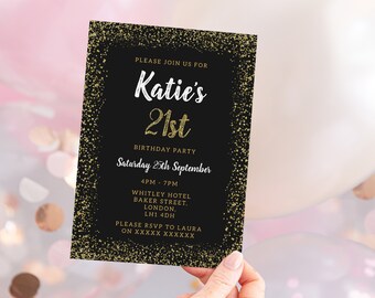 Black & Gold Glitter Birthday Party Invite *ANY AGE* Printed Cards, Digital File, PDF, Editable Template Download Printable Corjl #118