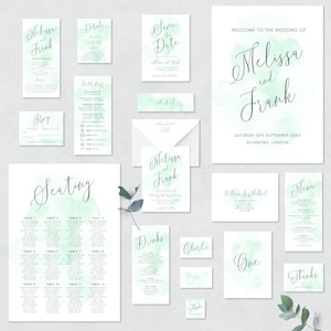 Watercolor Wedding Invitation Bundle, Editable Template Instant Download 5 x 7 Mint Watercolor Wedding Invitation Editable Template