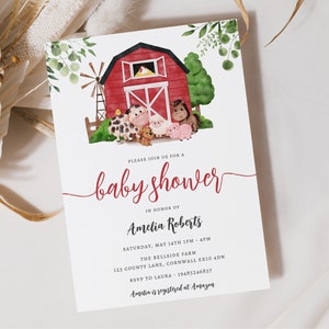 Invitación de ducha de bebé de corral rojo acuarela, plantilla editable Descarga instantánea 5 x 7" Invitación de ducha de bebé de granja roja