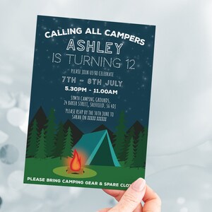 Invitación de cumpleaños de camping, invitación editable Descarga instantánea 5 x 7 invitación a fiesta de cumpleaños de camping para niños, invitación a fiesta de camper para niños