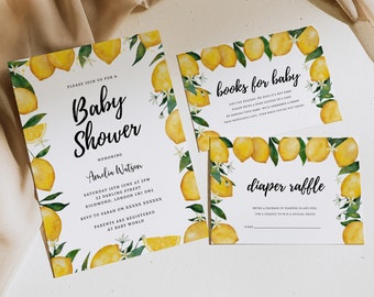 May include: A lemon-themed baby shower invitation with a watercolour border of lemons and leaves. The invitation includes the text "Please join us for a Baby Shower honouring Amelia Watson" and details about the event. There are also two cards for a book and diaper raffle.