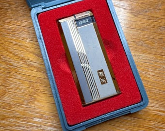 Vintage Formula Gas Lighter with Original Case – Grey & Gold Refillable Lighter – Engraved 'FB'