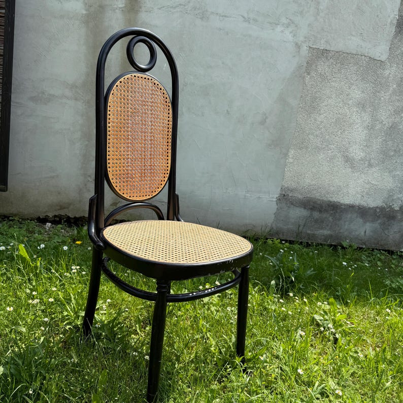 May include: A black wooden chair with a woven cane seat and backrest. The chair has a rounded back with a decorative circle at the top. The chair is set on a grassy surface.