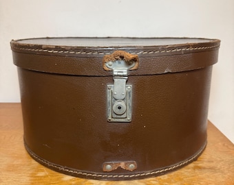 Vintage Läderhattask – Brun Rund Fodral – Klassisk Reseförvaring