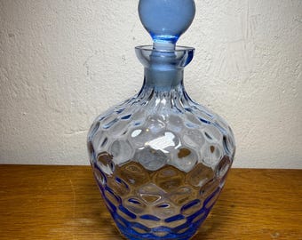 Vintage Blue Glass Carafe – Bubble Pattern – Stopper Bottle – 1970s