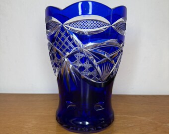 ヴィンテージ コバルトブルー カット クリスタル花瓶：1980年代
