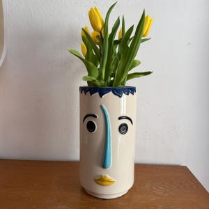Ennio Simone Ceramic Face Vase – Large Blue Beige Statement Art Object