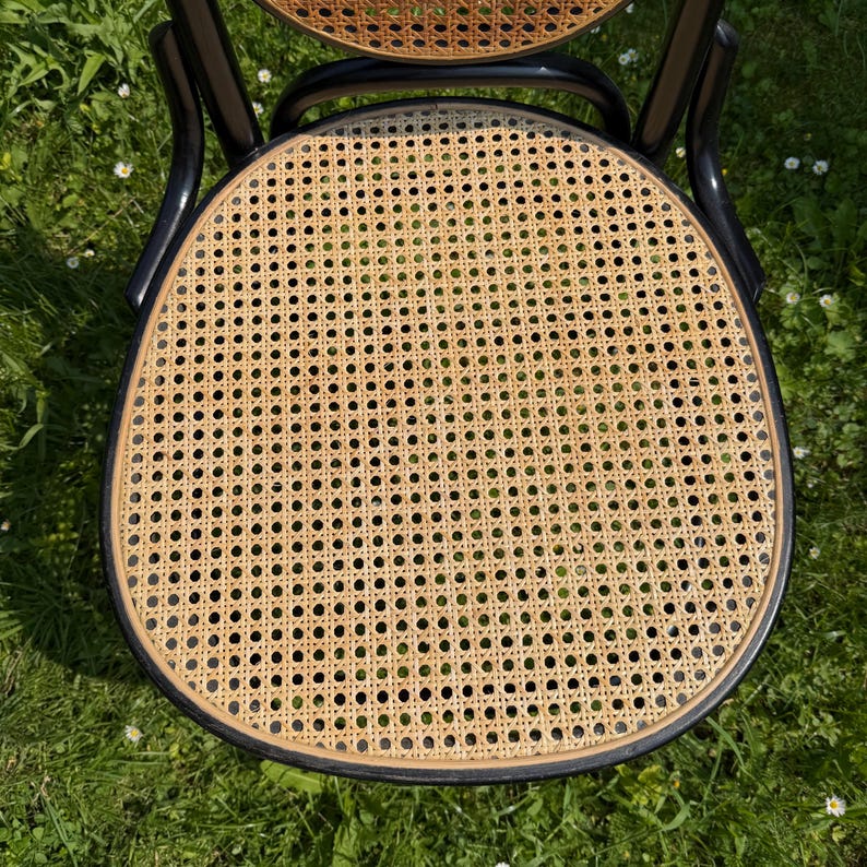 May include: A close-up view of a vintage chair with a woven cane seat and backrest. The chair has a black frame and a curved back. The seat is a light tan color, and the frame is black. The chair is outdoors on a grassy surface.