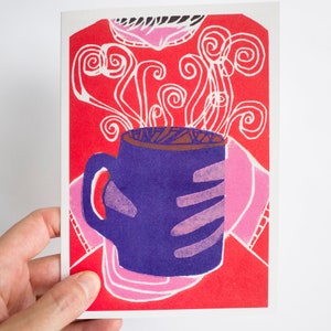 Coffee Card Birthday Card Greetings Card I Love Coffee Tea Card I Love Tea Hot Cup of Coffee Cup of Tea Woodcut Card image 1