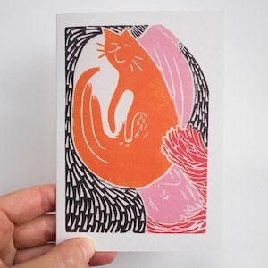 de chat | carte d'anniversaire | carte de voeux | J'aime les chats | chat roux | J'aime les chats | animal de compagnie | d'amoureux des animaux | Carte linogravure