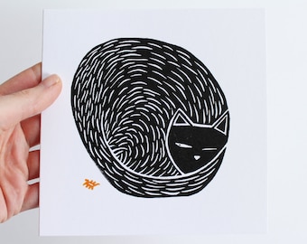 Black Cat Birthday Card | Linocut Greetings Card