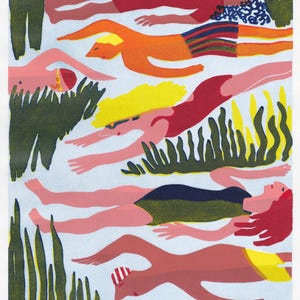 Linocut Print Wild Swimmers | Printmaking | Swimmers Print | Wall Art | Original Print | Limited Edition Print | Wild Swimming | Swim